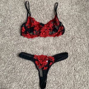 Red/Black Embroidered Lingerie Set